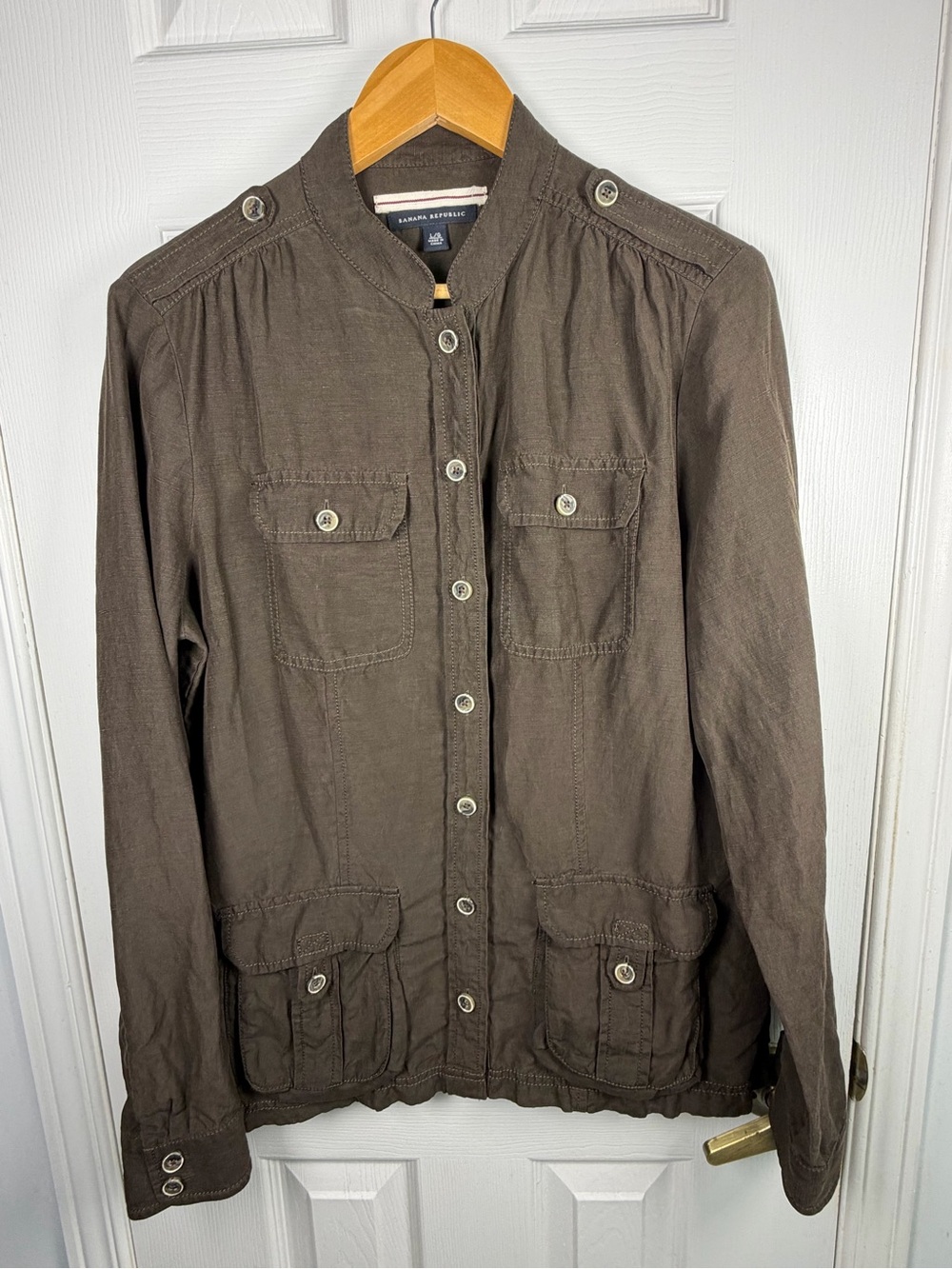 Banana Republic Brown Utility Jacket L Silk Linen Safari Shacket Y2K Lightweight